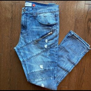 Ranch & Dvlpmnt Faded Distressed Slim Moto Jeans